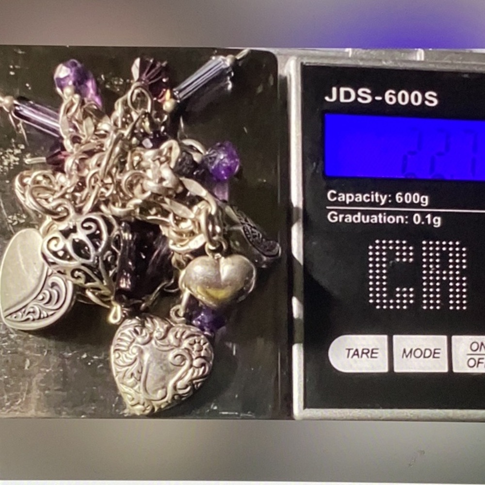 925 silver chain with charms, weighing 22.7 grams and 21 inches long,